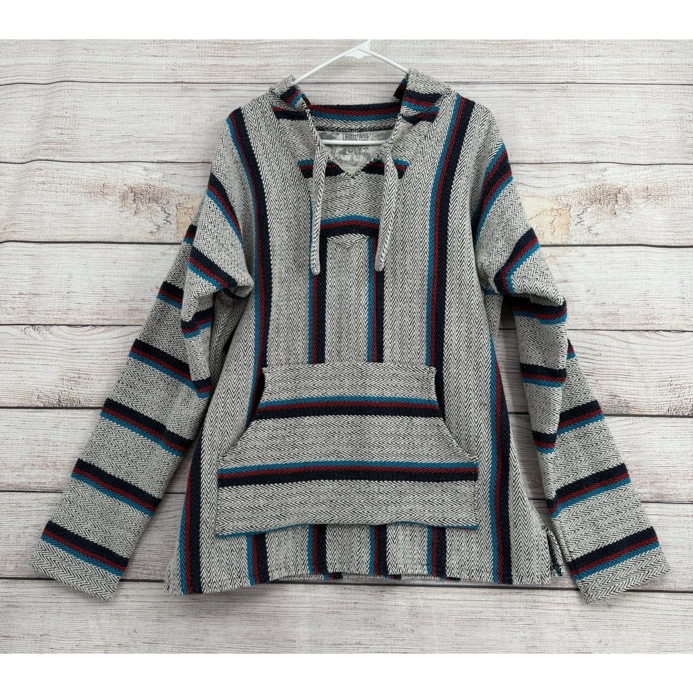 Senor Lopez Baja Hoodie Unisex XL Gray Striped Woven Pullover Mexican Poncho